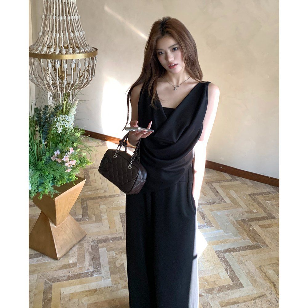 봄 여름 우아한 언발란스 드레이프 민소매 탑 밴딩 와이드 팬츠 투피스 세트 블랙 베이지 - 메인 이미지