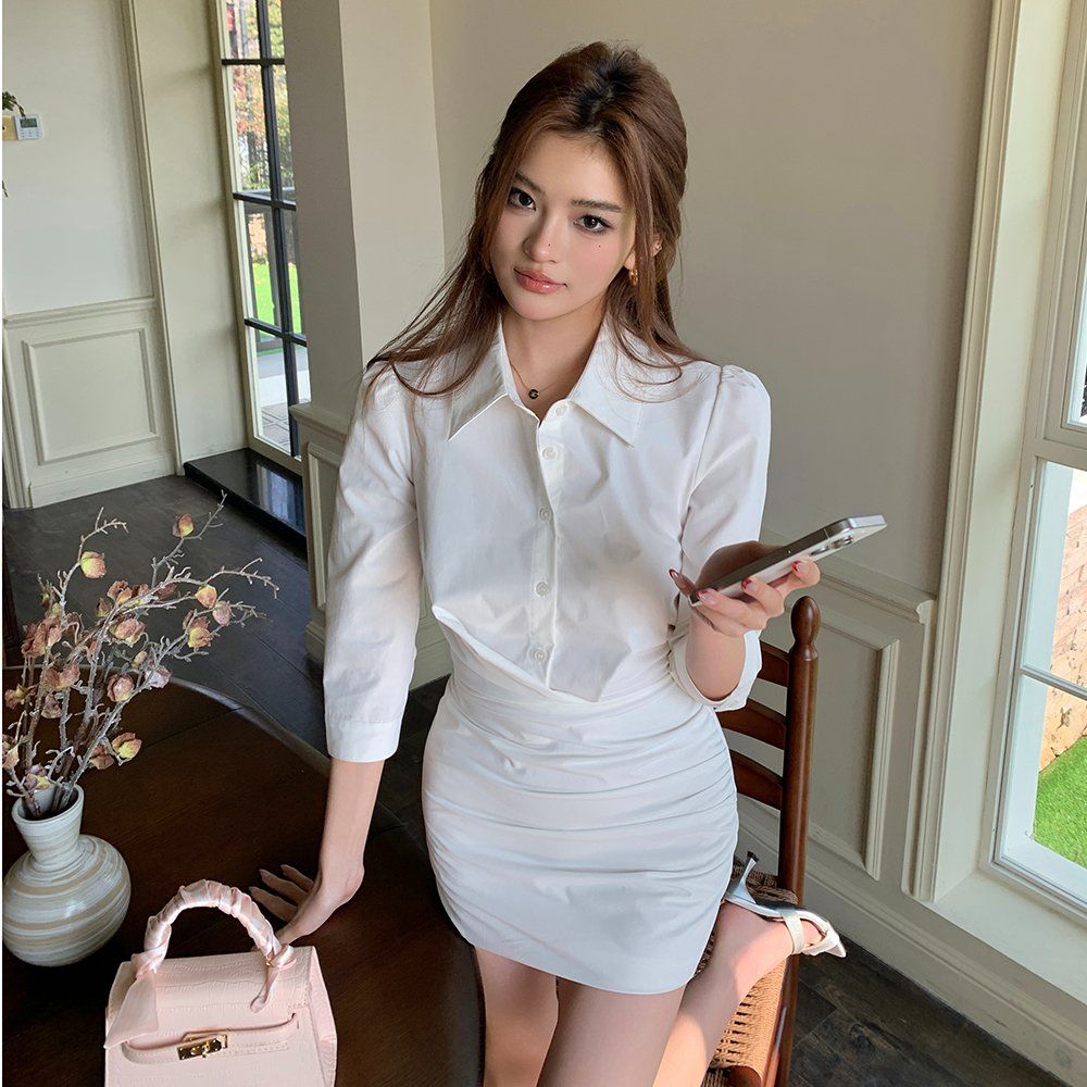 봄 여름 카라 7부소매 셔츠 셔링 슬림핏 H라인 미니 원피스 화이트 - 상세 이미지 2