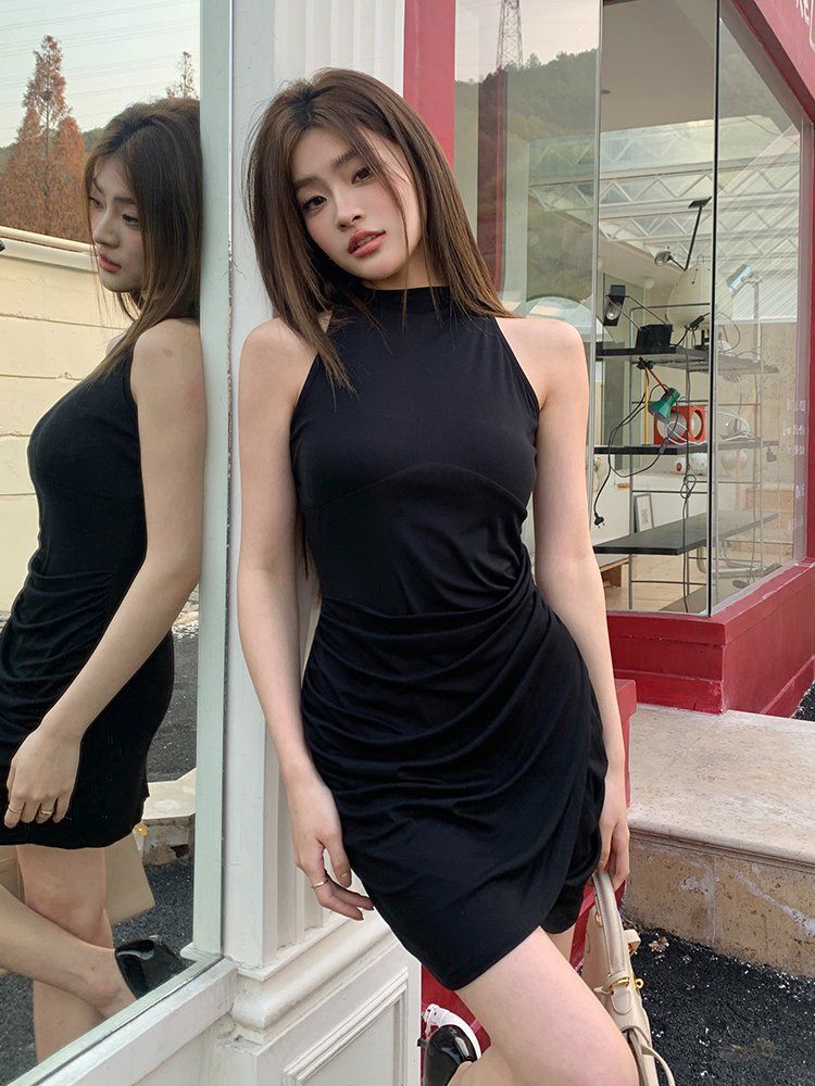 여름 여성 모크넥 민소매 옆셔링 언발 슬릿 슬림핏 미니 원피스 블랙 퍼플 - 상세 이미지 3