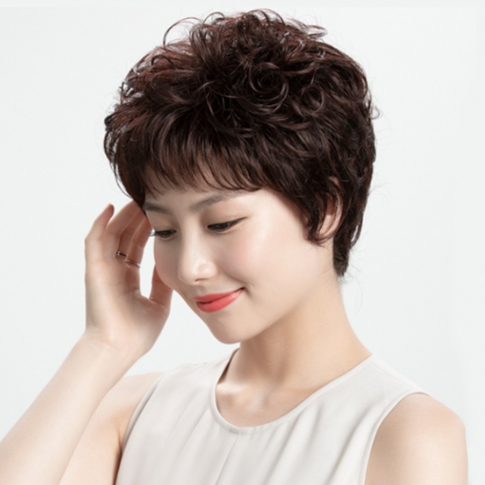 자연스러운 중년여성가발 엄마 파마머리 전체 정수리 통가발 - 메인 이미지
