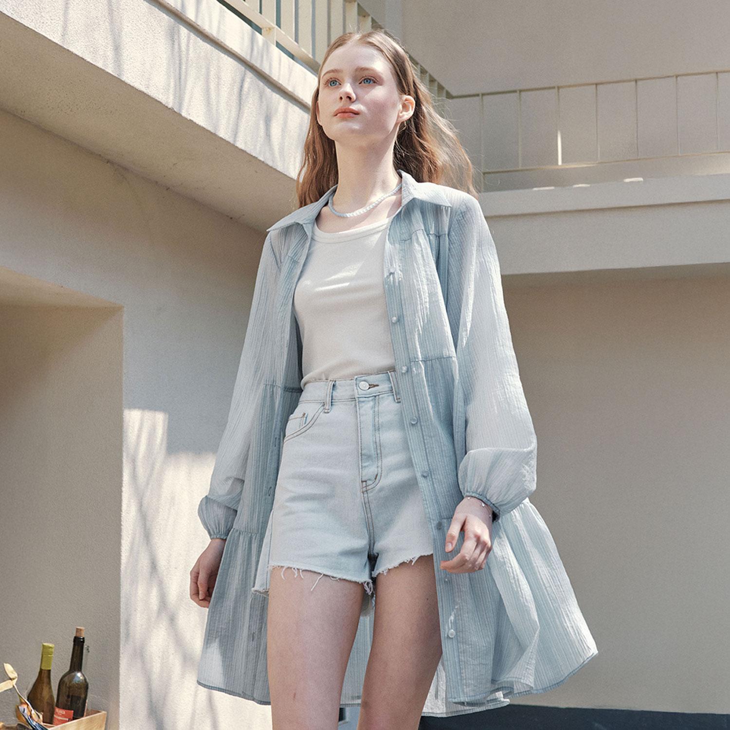 [제로스트릿][반팔&긴팔ver.] 레인 셔츠 원피스 RAIN SHIRT ONE-PIECE / BLUE - 상품 이미지