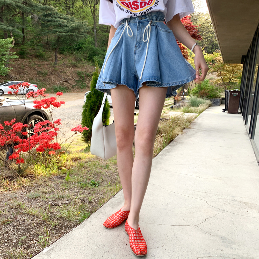 레이넌 스트링 와이드 데님 반바지 - 상품 이미지