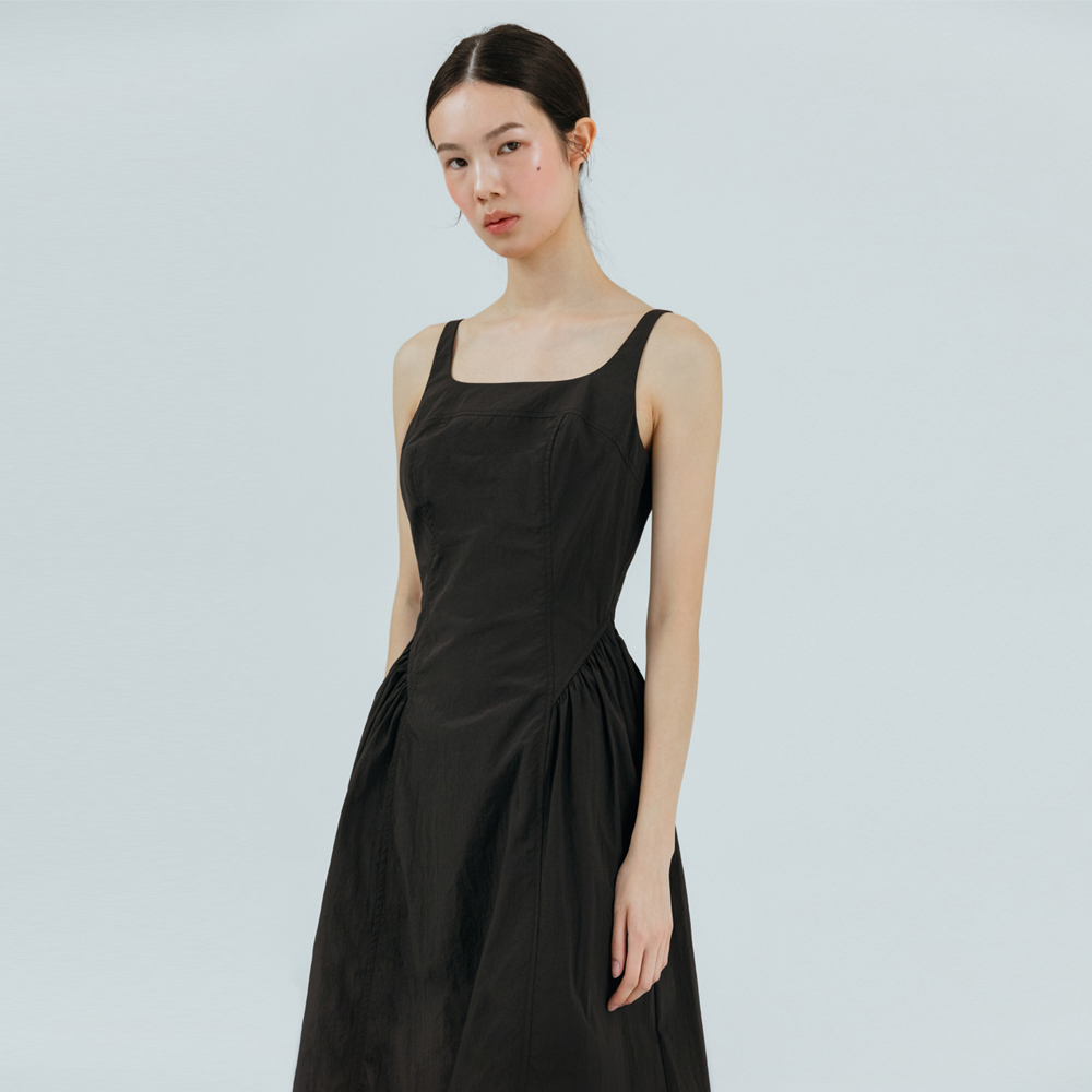 Volume Shirring Sleeveless Dress, Black : ETMON