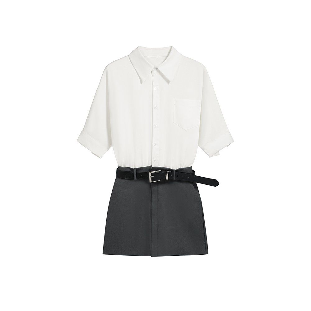 봄 여름 반팔 카라 셔츠 배색 벨트 세트 슬림핏 H라인 포켓 미니 원피스 화이트 그레이
