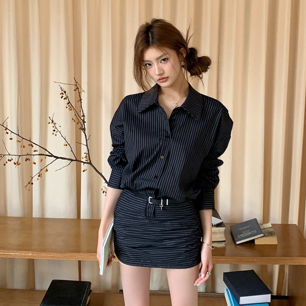 봄 가을 스트라이프 긴팔 셔츠 셔링 벨트 세트 미니 원피스 블랙 - 상세 이미지 3