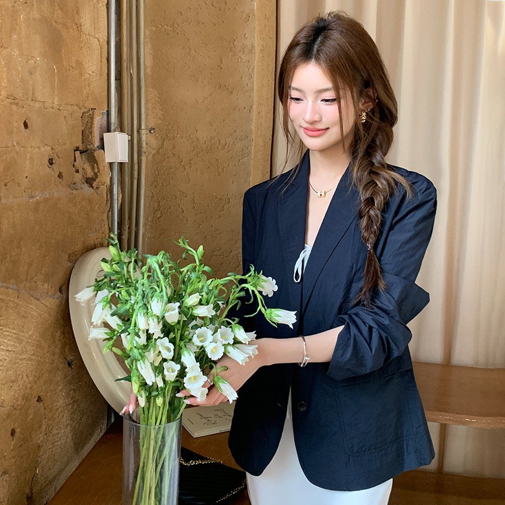 봄 가을 베이직 테일러드 카라 싱글 버튼 루즈핏 블레이저 자켓 네이비 - 상품 이미지