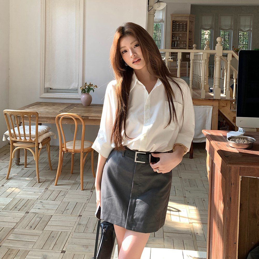 봄 여름 반팔 카라 셔츠 배색 벨트 세트 슬림핏 H라인 포켓 미니 원피스 화이트 그레이