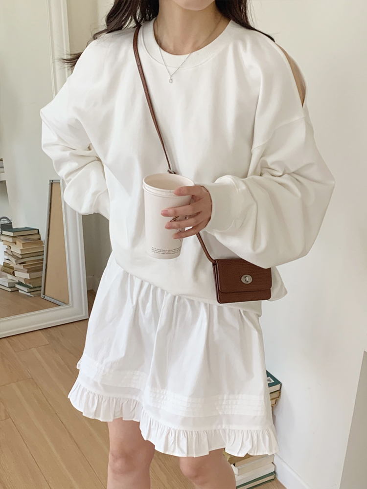 러블리 프릴 핀턱 밴딩 스커트 면 플레어스커트 A라인 치마 봄 여름 미니스커트 화이트 블랙 - 상세 이미지 2