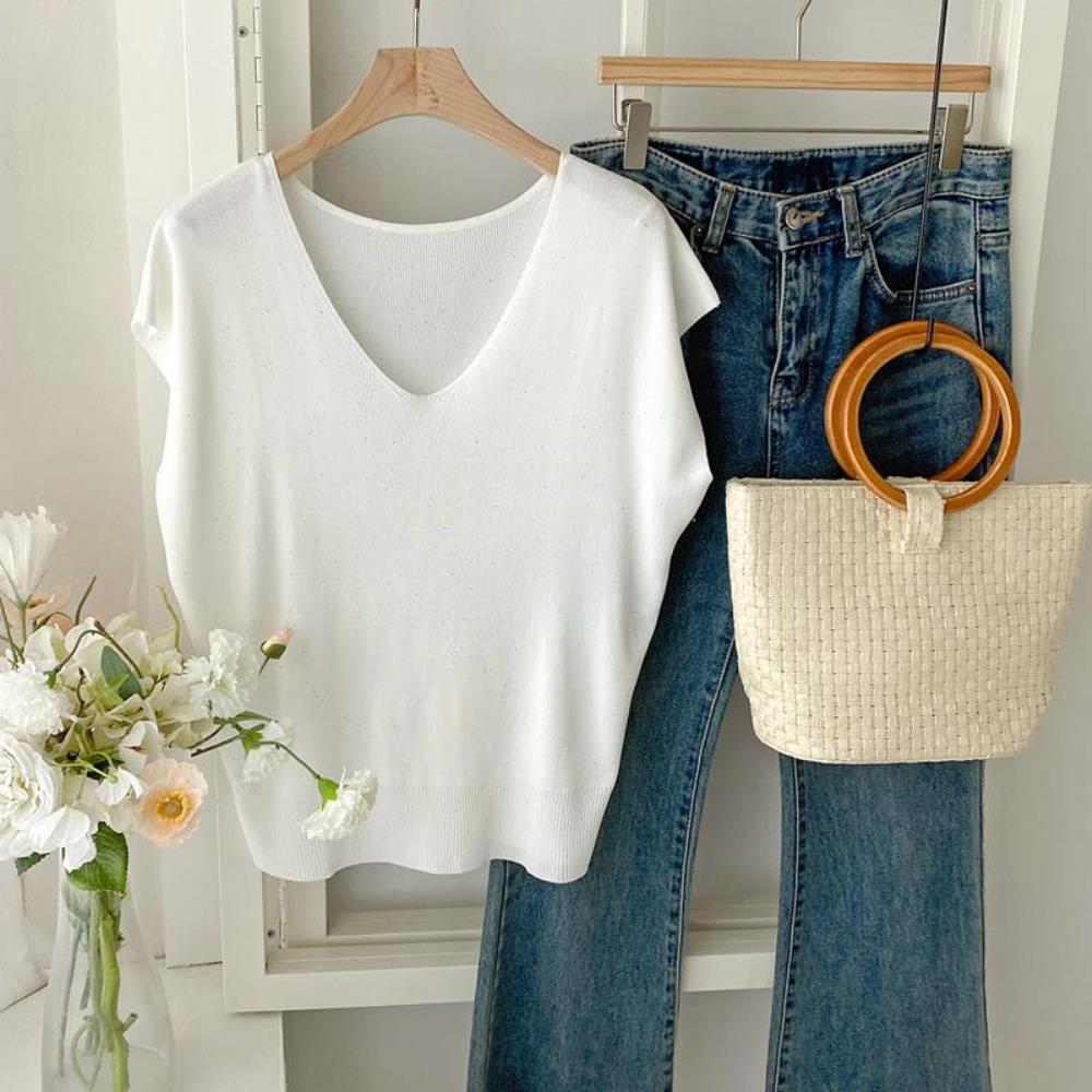 옷자락 여자 무지컬러 비스코스 시보리 브이넥 캡소매 니트 - 상세 이미지 2