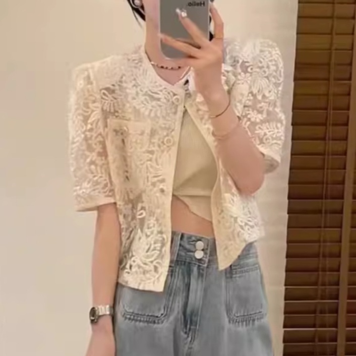 시스루 자수 반팔자켓 나시레이어드 금장단추 세련 클래식 여름 화이트아이보리 오피스룩 - 상품 이미지