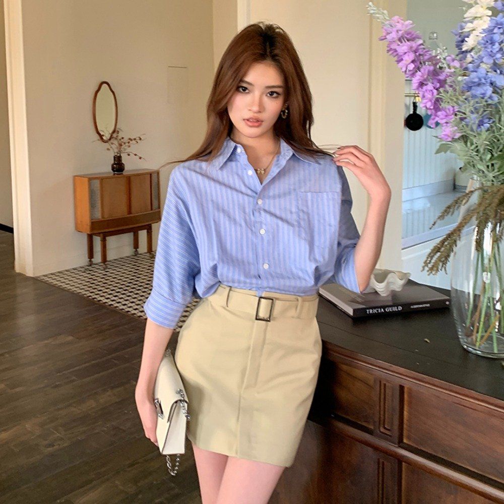 봄 여름 스트라이프 배색 벨트 세트 반팔 카라 셔츠 미니 원피스 블루 베이지 - 상품 이미지