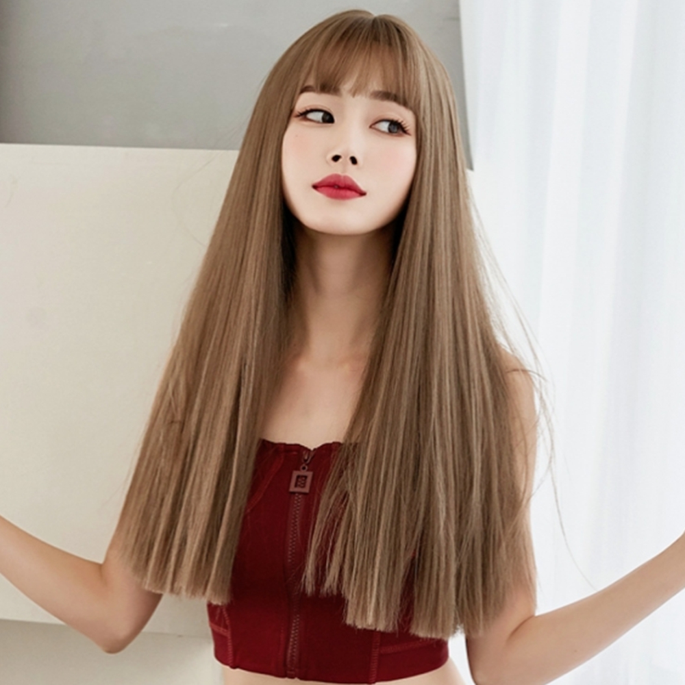스트레이트 긴머리가발 항암 앞머리 전체 통가발 미용 인모 - 메인 이미지