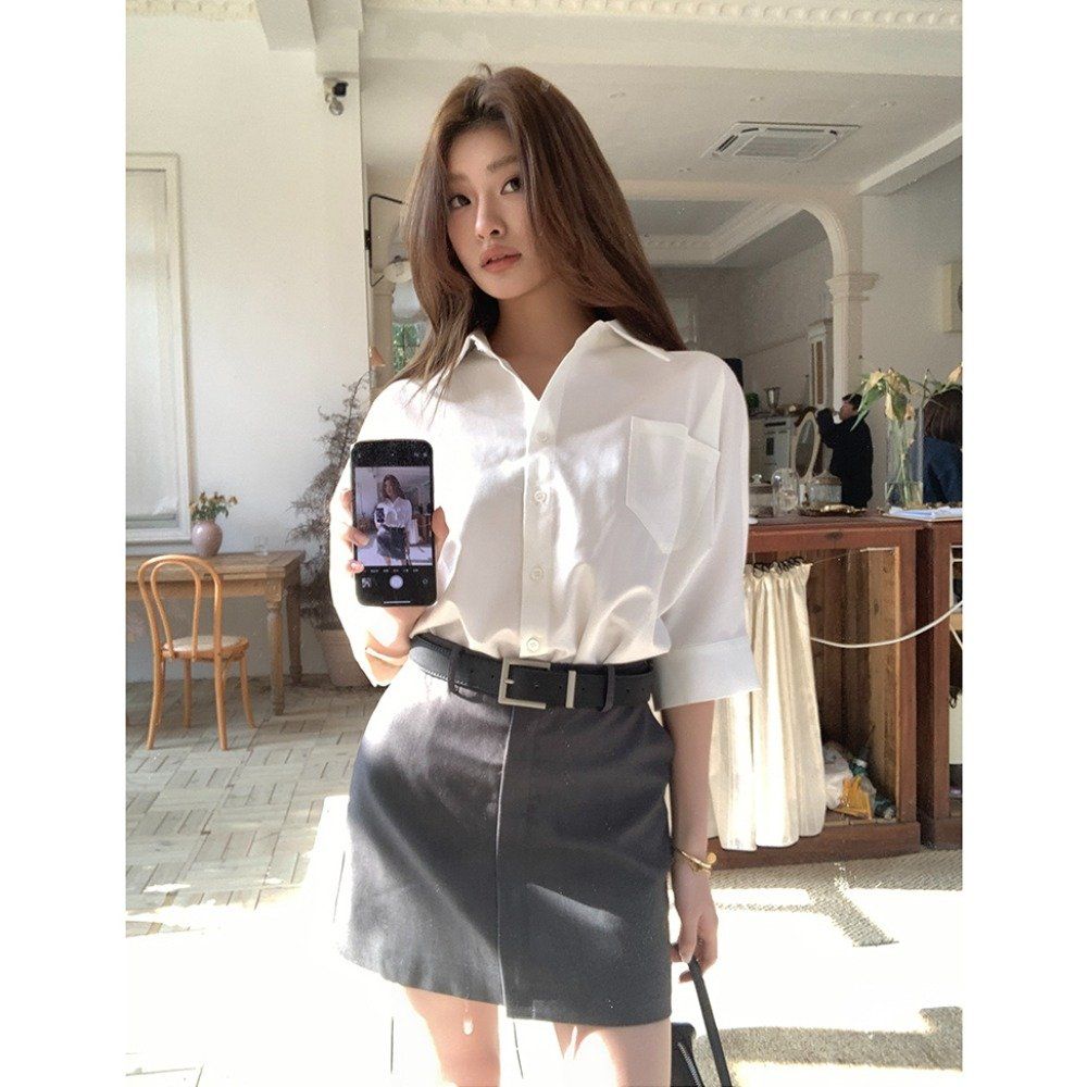 봄 여름 반팔 카라 셔츠 배색 벨트 세트 슬림핏 H라인 포켓 미니 원피스 화이트 그레이