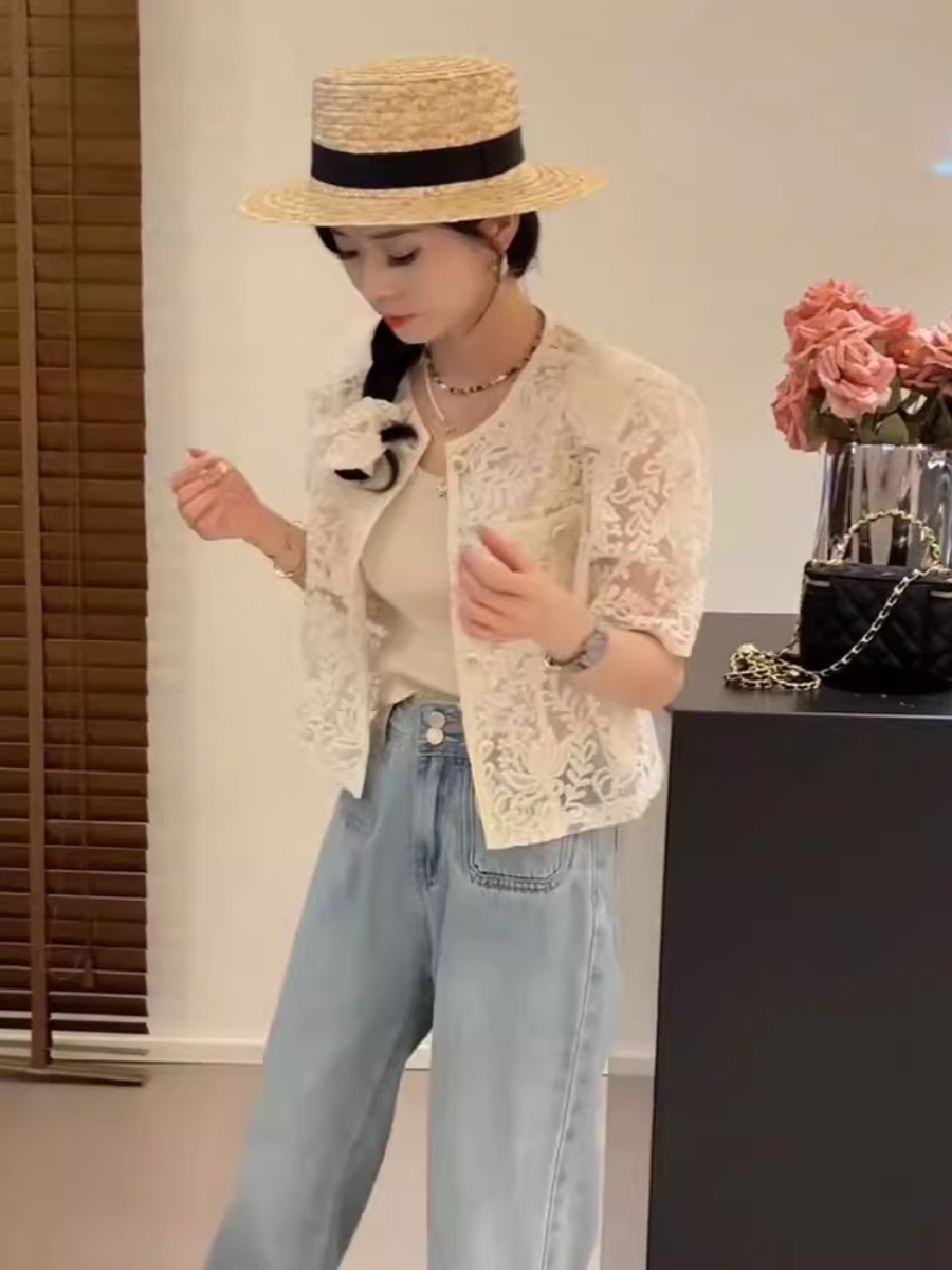 시스루 자수 반팔자켓 나시레이어드 금장단추 세련 클래식 여름 화이트아이보리 오피스룩 - 상세 이미지 4