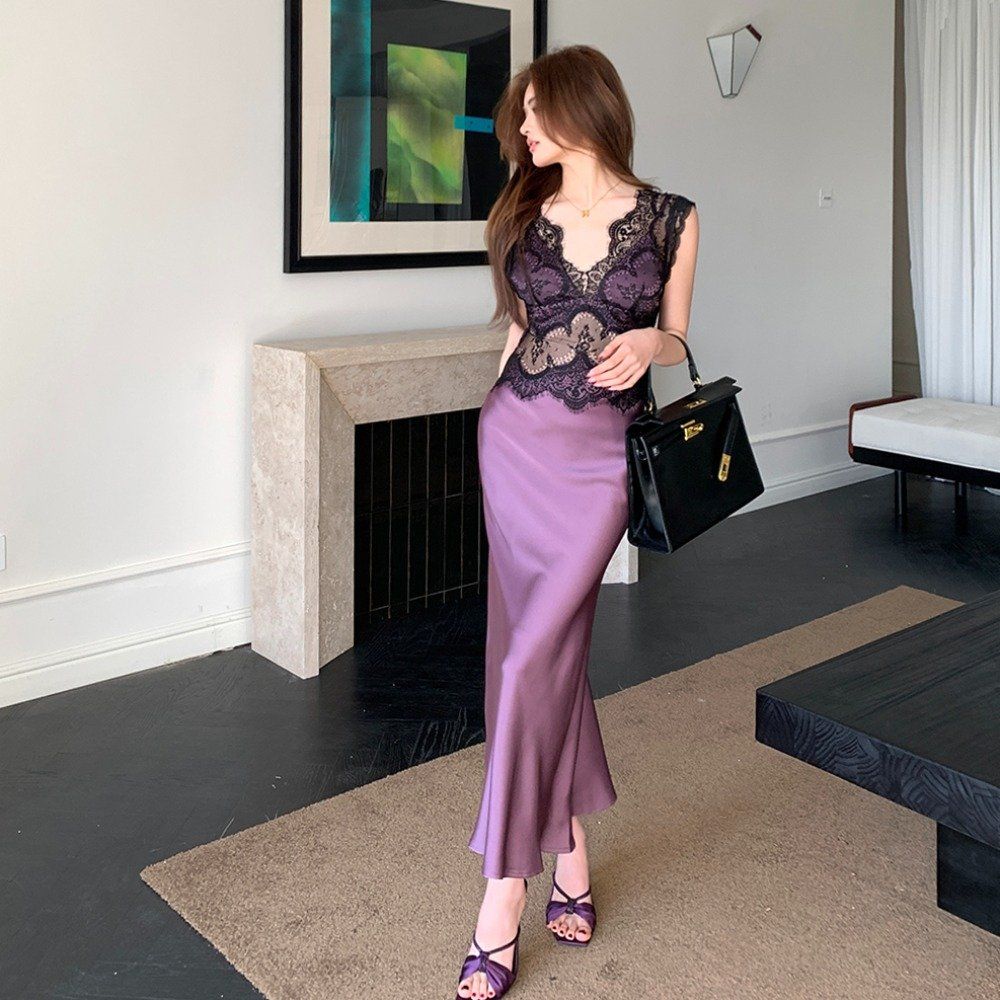 봄 여름 섹시 레이스 배색 브이넥 백리스 슬립 슬림핏 롱 맥시 원피스 퍼플 - 상세 이미지 3