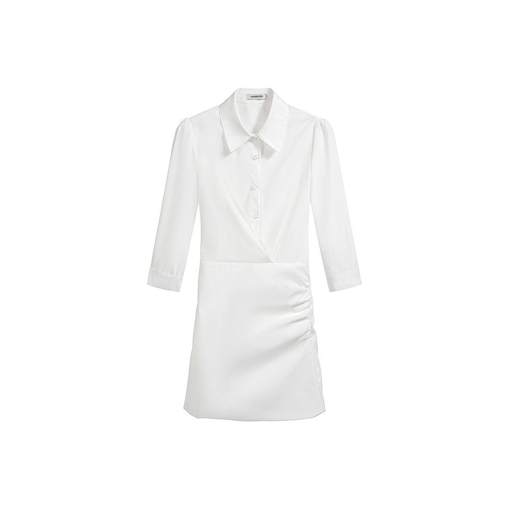 봄 여름 카라 7부소매 셔츠 셔링 슬림핏 H라인 미니 원피스 화이트 - 상세 이미지 5