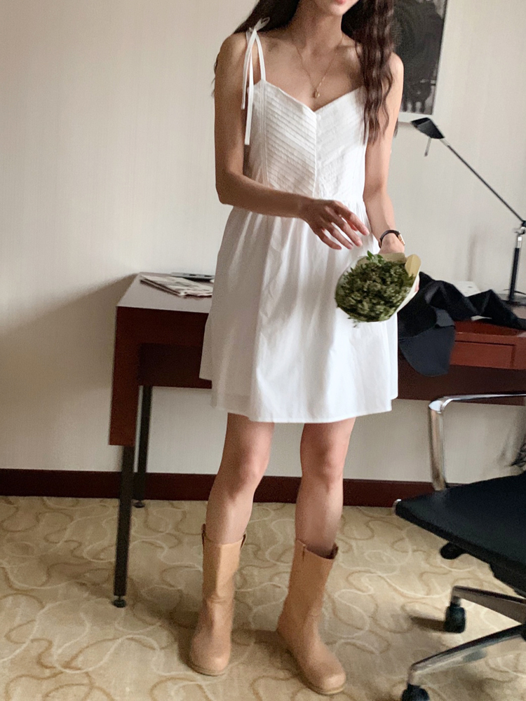 레이스 끈 나시 원피스 면 뷔스티에 미니원피스 화이트 블랙 여성 여름원피스 휴양지 바캉스룩 - 상세 이미지 3
