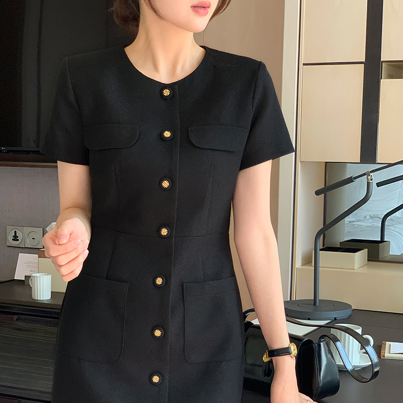 모디프 포켓 버튼 트위드 H라인 롱 반팔 원피스 op16035