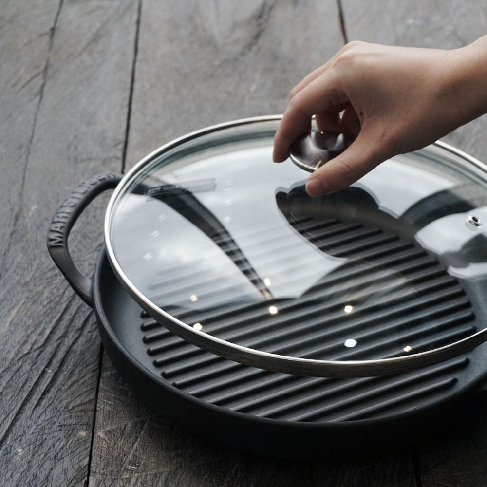 MARISTEIGER 무쇠 주물 고기불판 유리뚜껑세트 26cm 삼겹살 그릴 불판 후라이팬