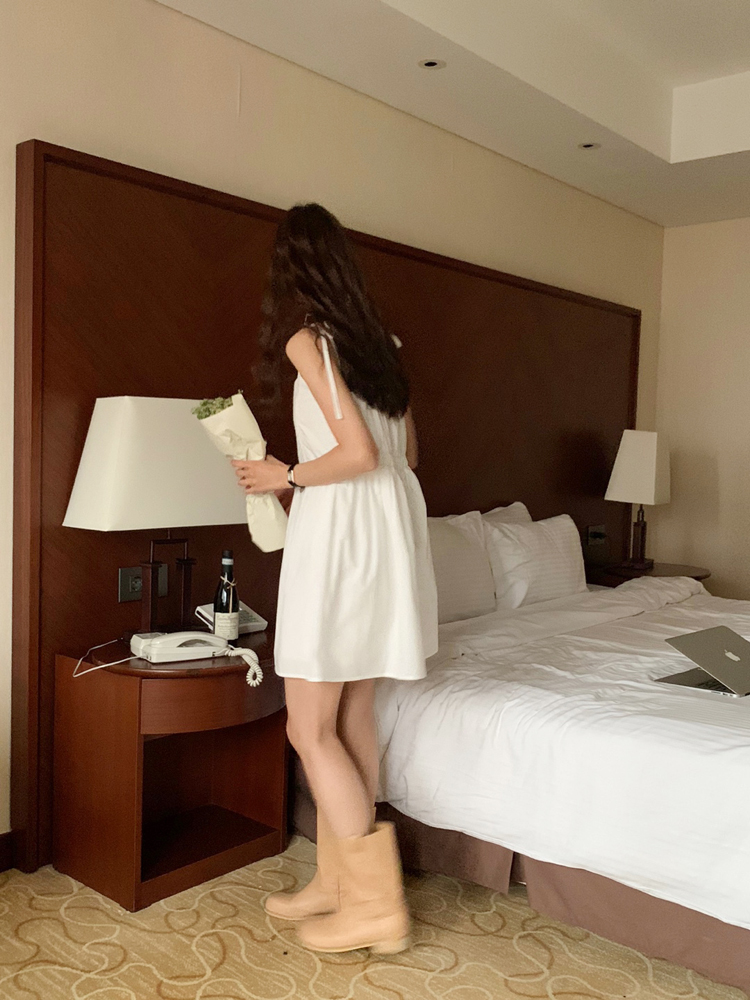 레이스 끈 나시 원피스 면 뷔스티에 미니원피스 화이트 블랙 여성 여름원피스 휴양지 바캉스룩 - 상세 이미지 5