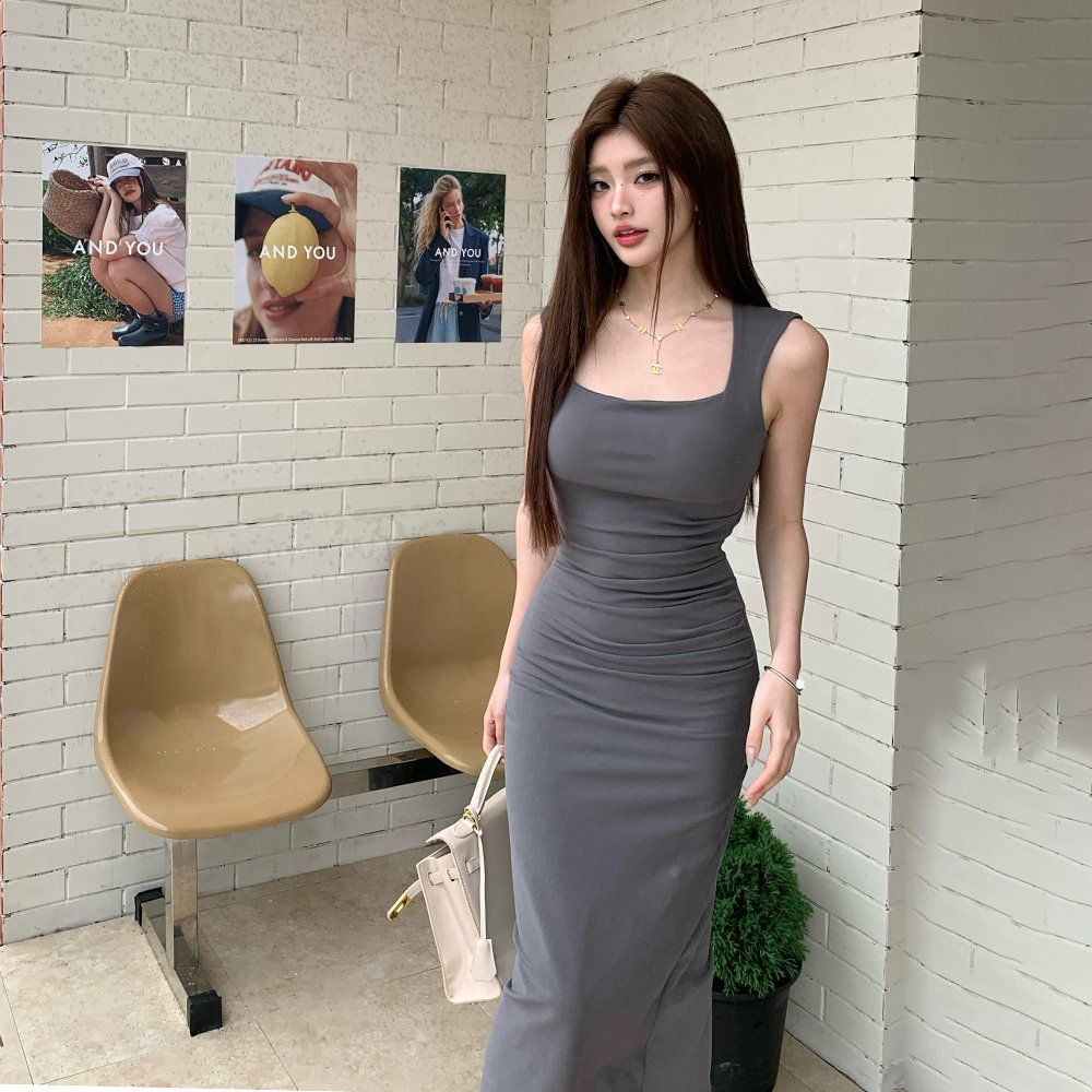 여름 여성 스퀘어넥 민소매 옆주름 셔링 슬릿 H라인 롱 원피스 블랙 그레이 브라운