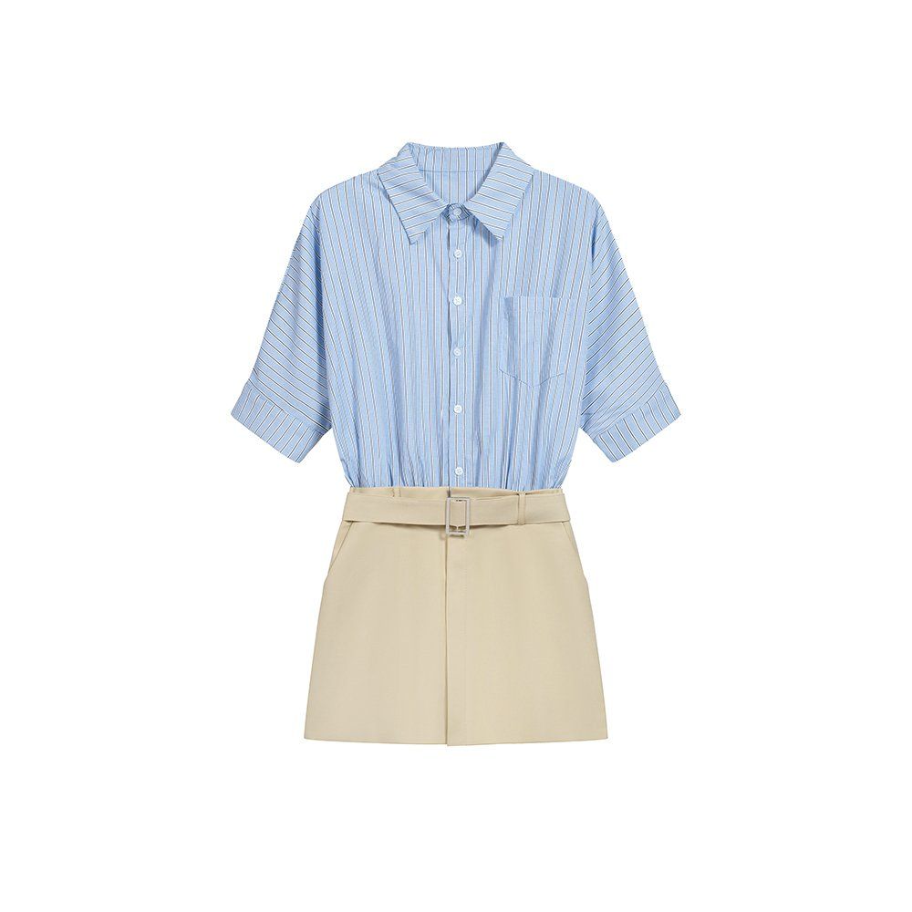 봄 여름 스트라이프 배색 벨트 세트 반팔 카라 셔츠 미니 원피스 블루 베이지 - 상세 이미지 5