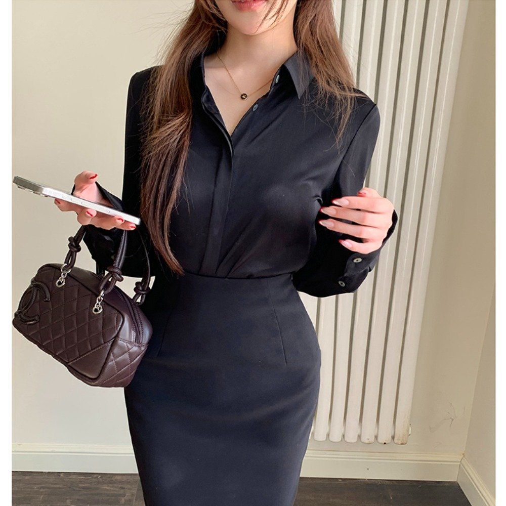 봄 가을 여성 베이직 심플 카라 버튼 긴팔 셔츠 블라우스 오피스룩 블랙 - 상세 이미지 3