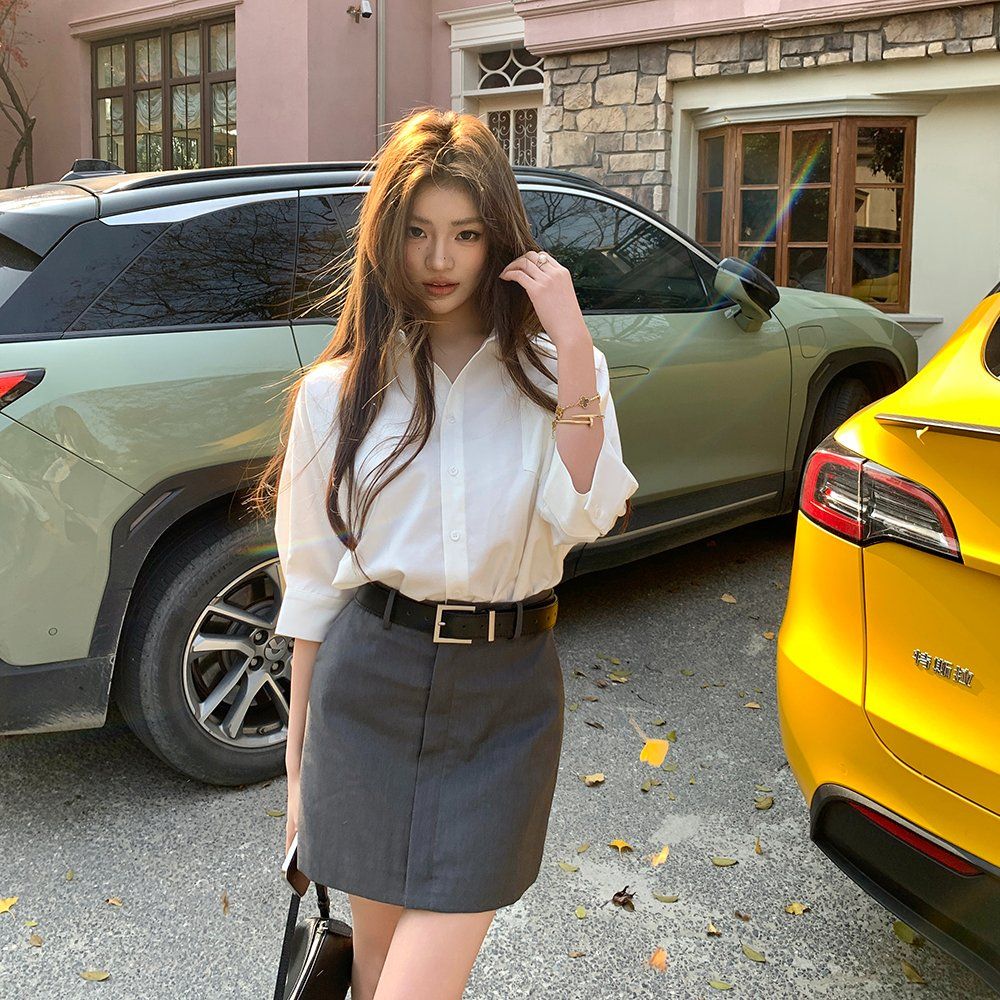 봄 여름 반팔 카라 셔츠 배색 벨트 세트 슬림핏 H라인 포켓 미니 원피스 화이트 그레이