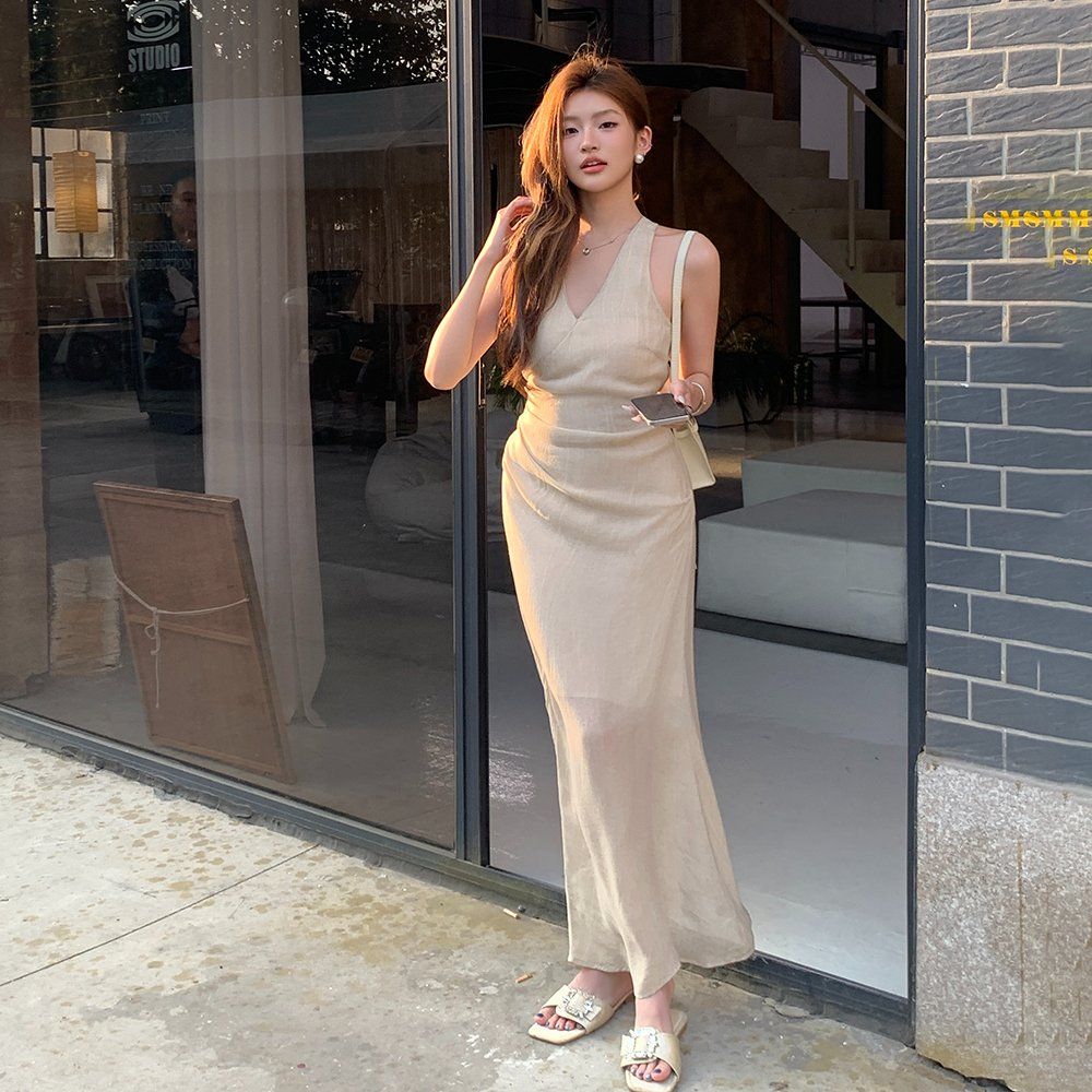 봄 여름 브이넥 백리스 허리끈 민소매 린넨느낌 롱 맥시 원피스 베이지