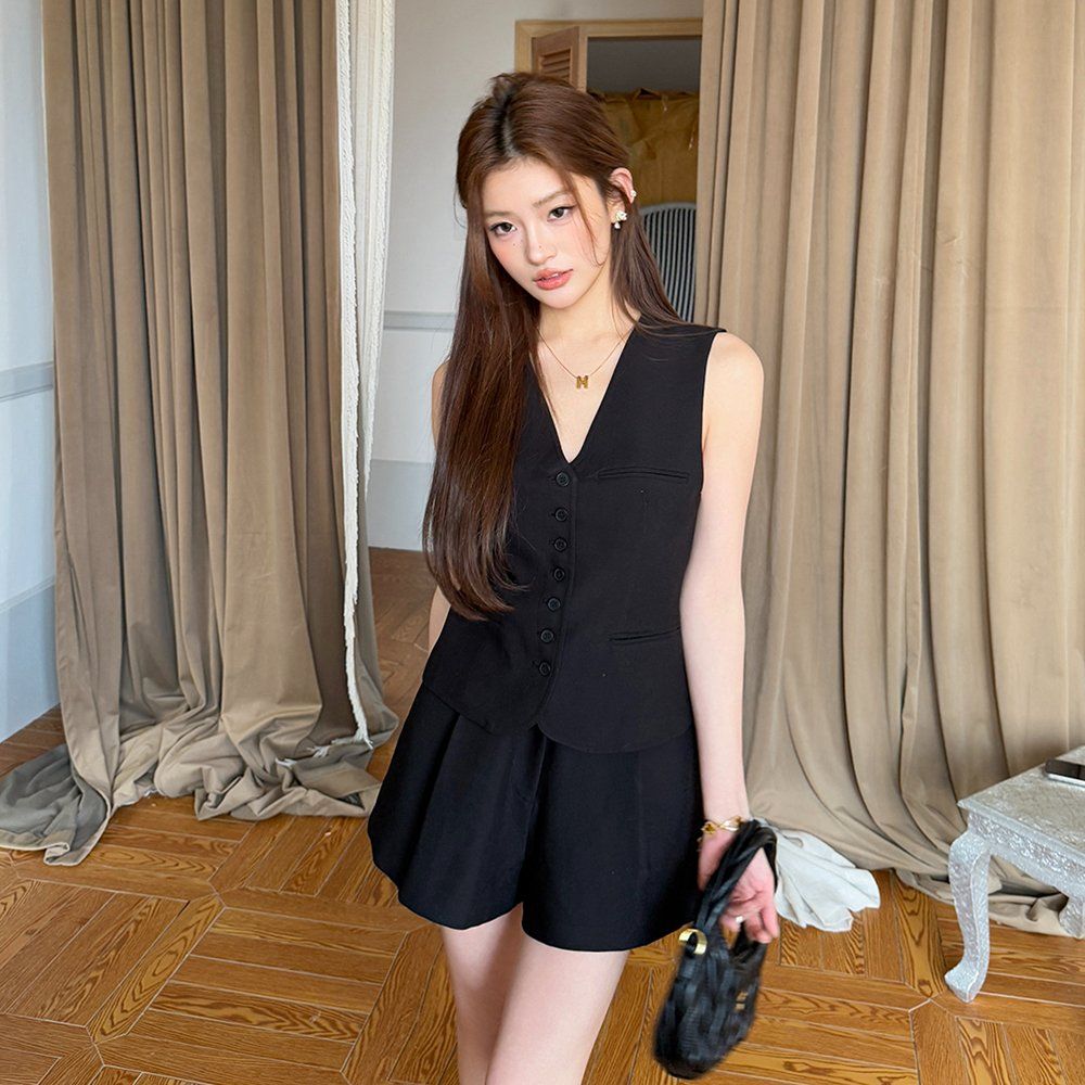 봄 여름 여성 핀턱 A라인 하이웨스트 베이직 심플 반바지 숏팬츠 블랙 - 상품 이미지