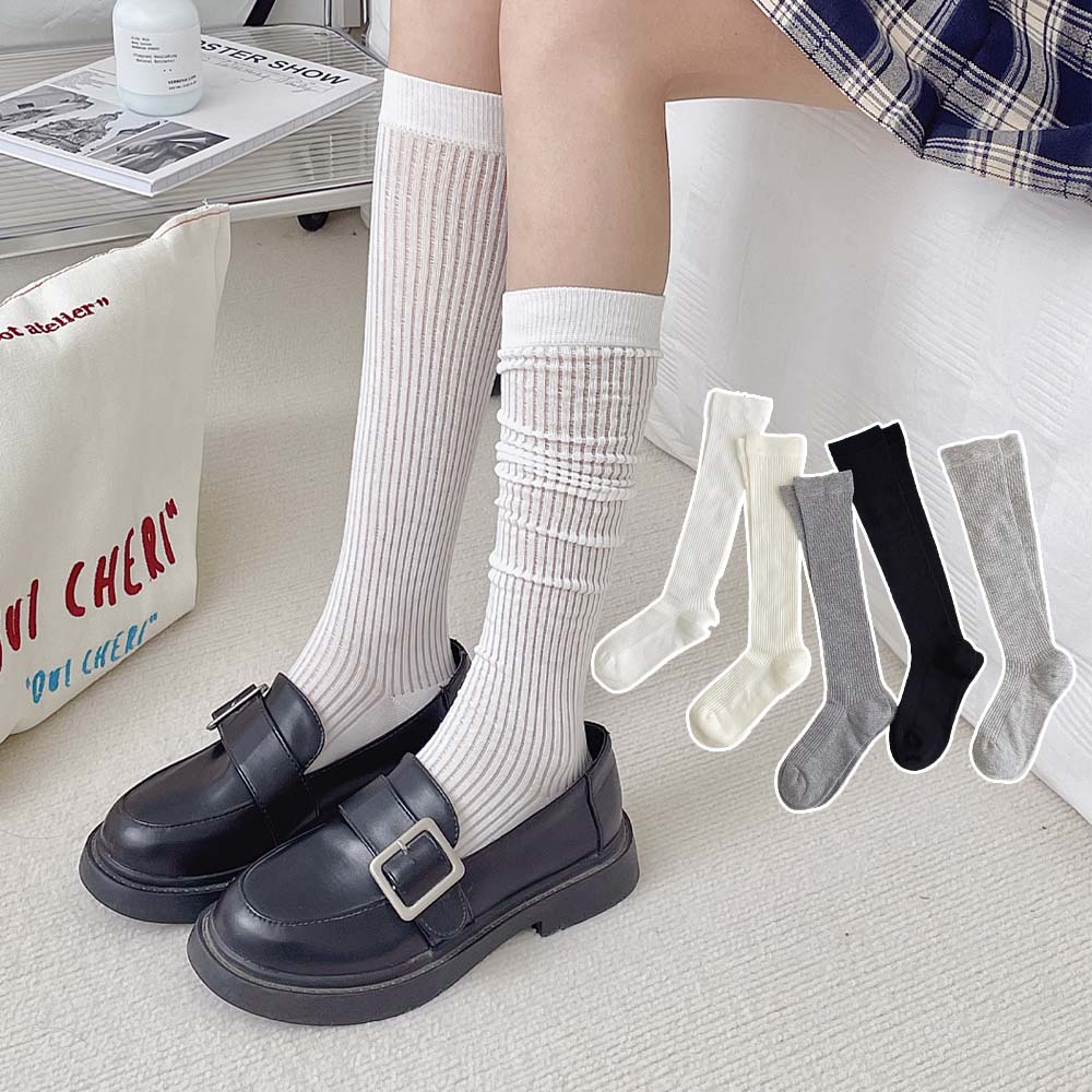 면 시스루 니삭스 얇은 양말 골지 롱 무봉제 루즈삭스 긴목 레이스 돌돌이 여름양말