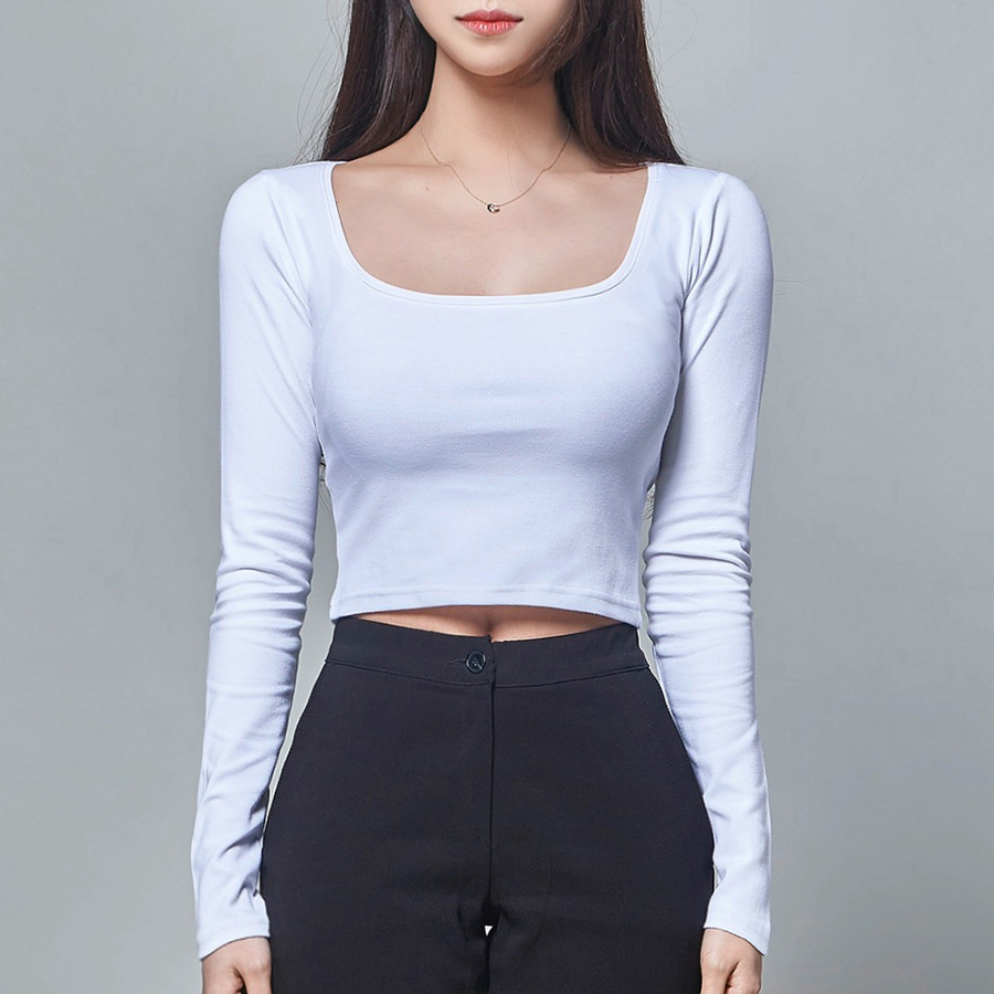 (U-우먼) 슬림핏 와이드유넥 크롭 긴팔 티셔츠 : 유핑:U-PING