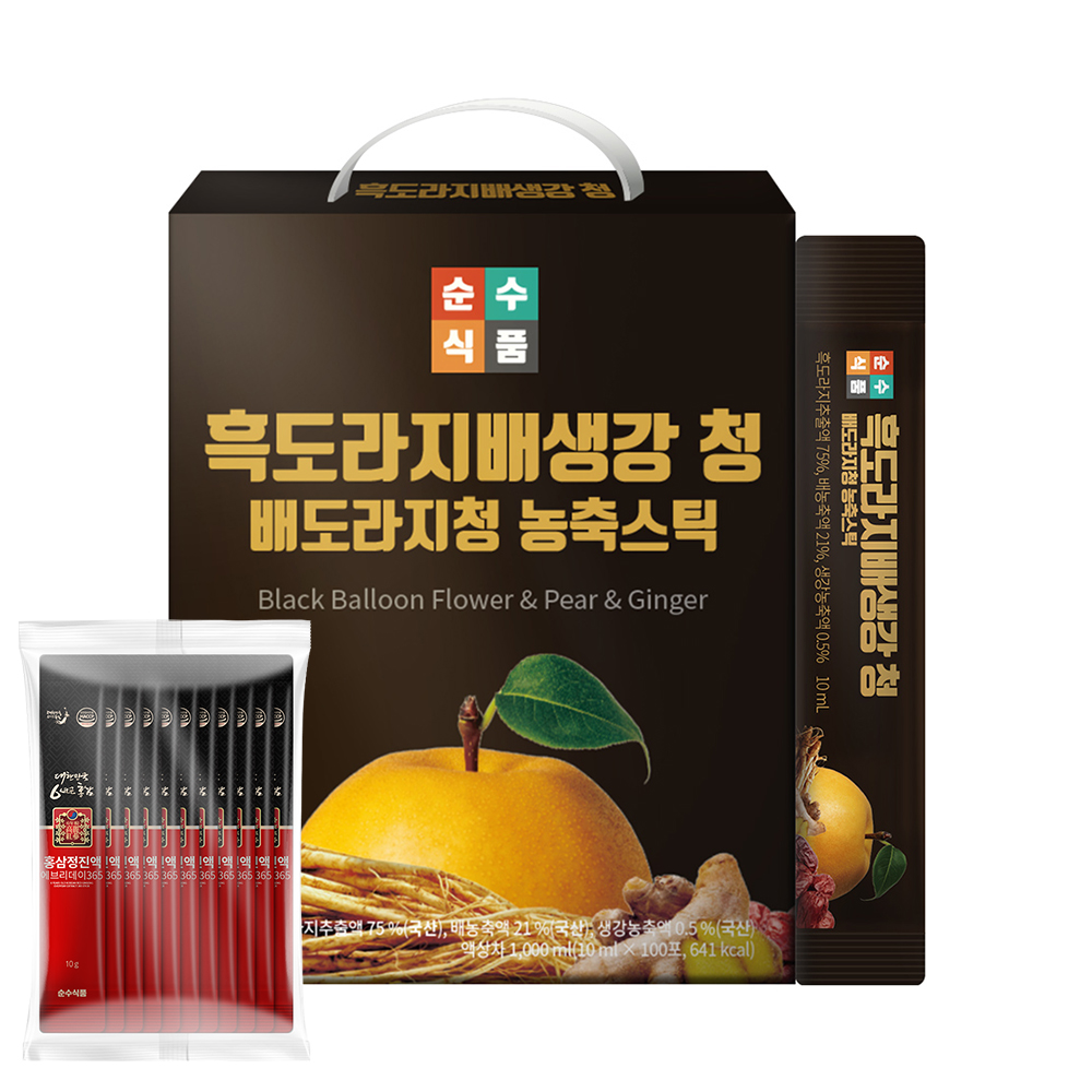 흑도라지 배 생강청 1박스 100포 도라지청 스틱 쌍화차 배즙 순수식품 총 1000g