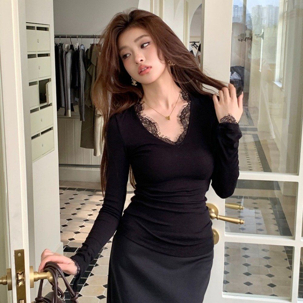 봄 가을 여성 슬림핏 브이넥 넥라인 소매 레이스 모달 스판 긴팔 티셔츠 블랙 - 상세 이미지 2