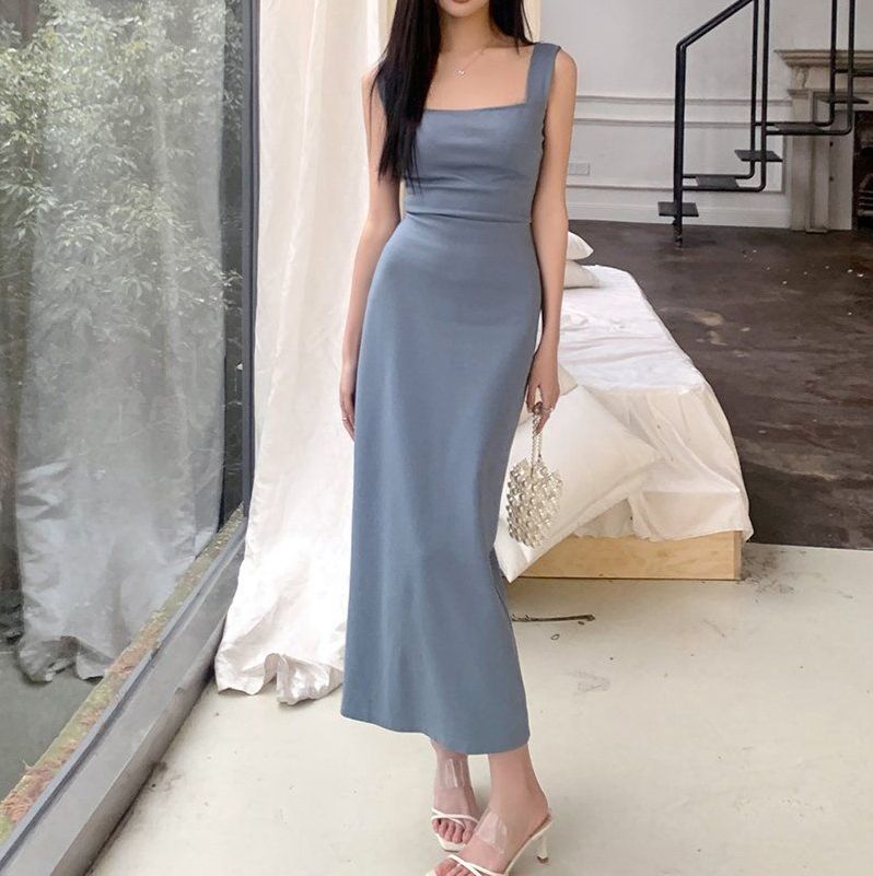 봄 여름 여성 슬림핏 스퀘어넥 민소매 스판 백지퍼 롱 원피스 블루 블랙 브라운 - 상품 이미지