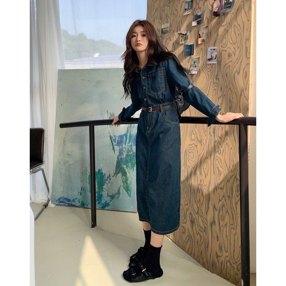 봄 가을 캐주얼 벨트 세트 긴팔 카라 슬림핏 데님 롱 셔츠 원피스 진청