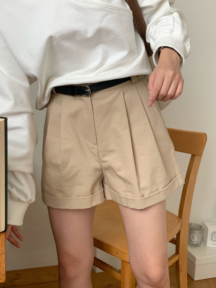 (벨트SET) 카브라 여성 반바지 면 3부 A라인 반바지 핀턱 숏팬츠 베이지 화이트 - 상세 이미지 3