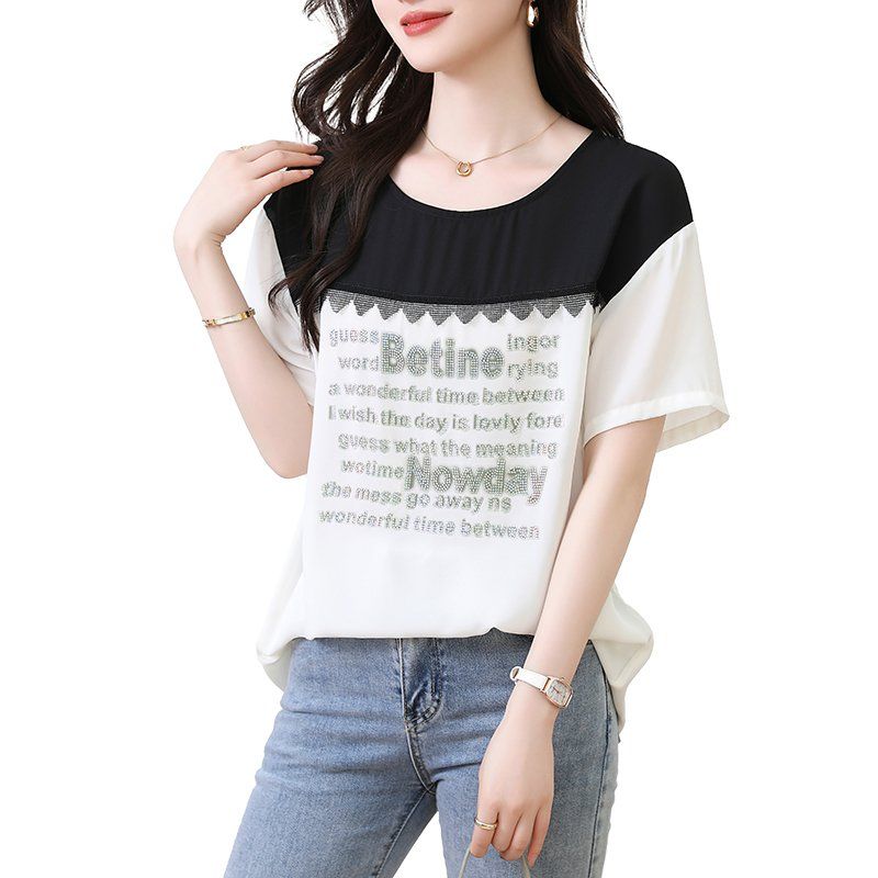 봄 여름 여성 루즈핏 라운드넥 핫픽스 레터링 드롭숄더 빅사이즈 반팔 블라우스 블랙앤화이트 - 상세 이미지 5