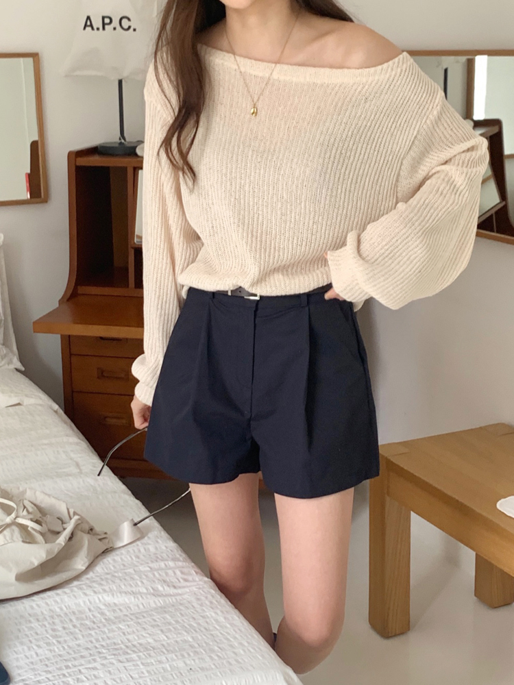 (벨트SET) 하이웨스트 핀턱 여성 반바지 면 A라인 여자 여름바지 반바지 네이비 베이지 - 상세 이미지 4