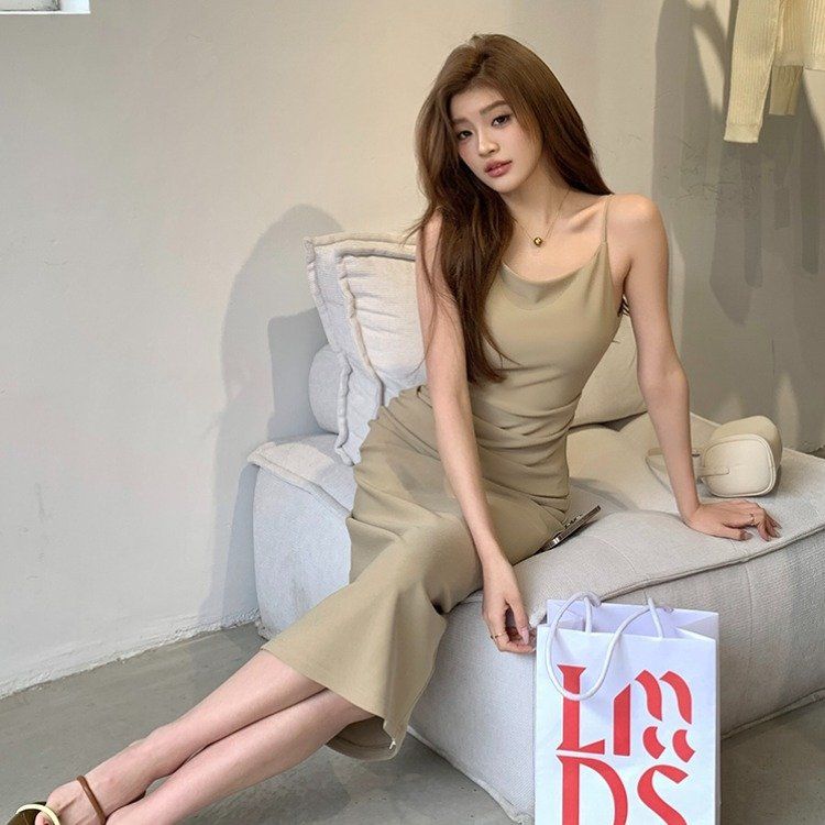 봄 여름 심플 끈나시 백리스 셔링 슬림핏 린넨느낌 미디 롱 원피스 베이지