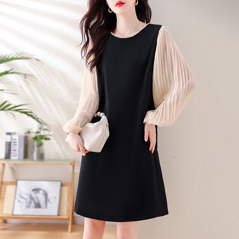 봄 가을 여성 라운드넥 쉬폰 플리츠 퍼프소매 배색 빅사이즈 H라인 미니 원피스 블랙