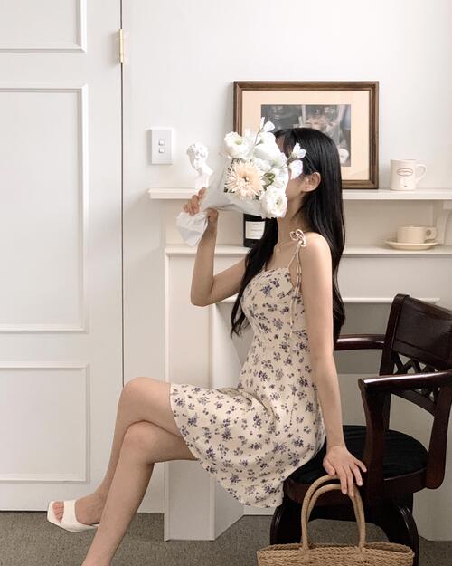 제시 여리여리 끈나시 스모크밴딩 쉬폰 원피스 뷔스티에 휴양지룩 이미지 2