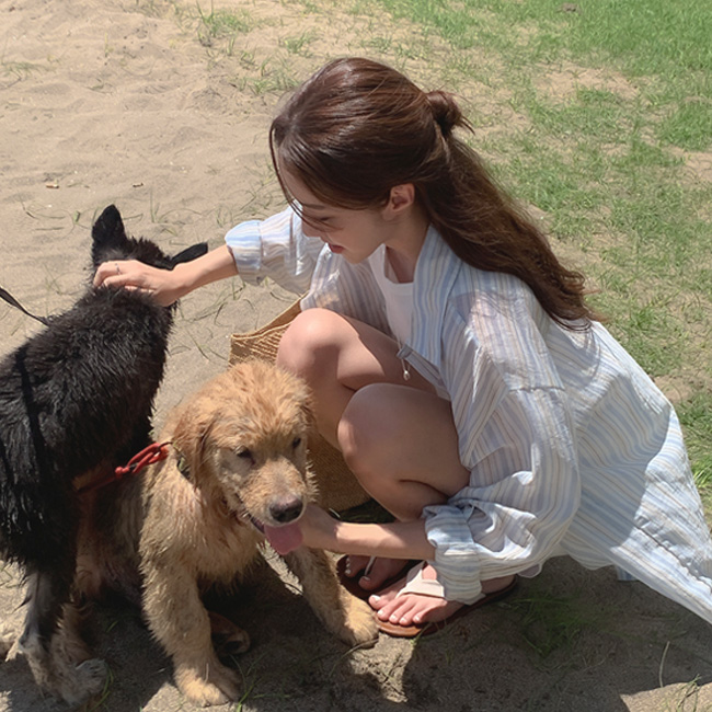 [자체제작] 장마룩 시스루 코튼 루즈핏 셔츠 / 얼리타임스트라이프셔츠 블루(멀티), FREE - 상세 이미지 3