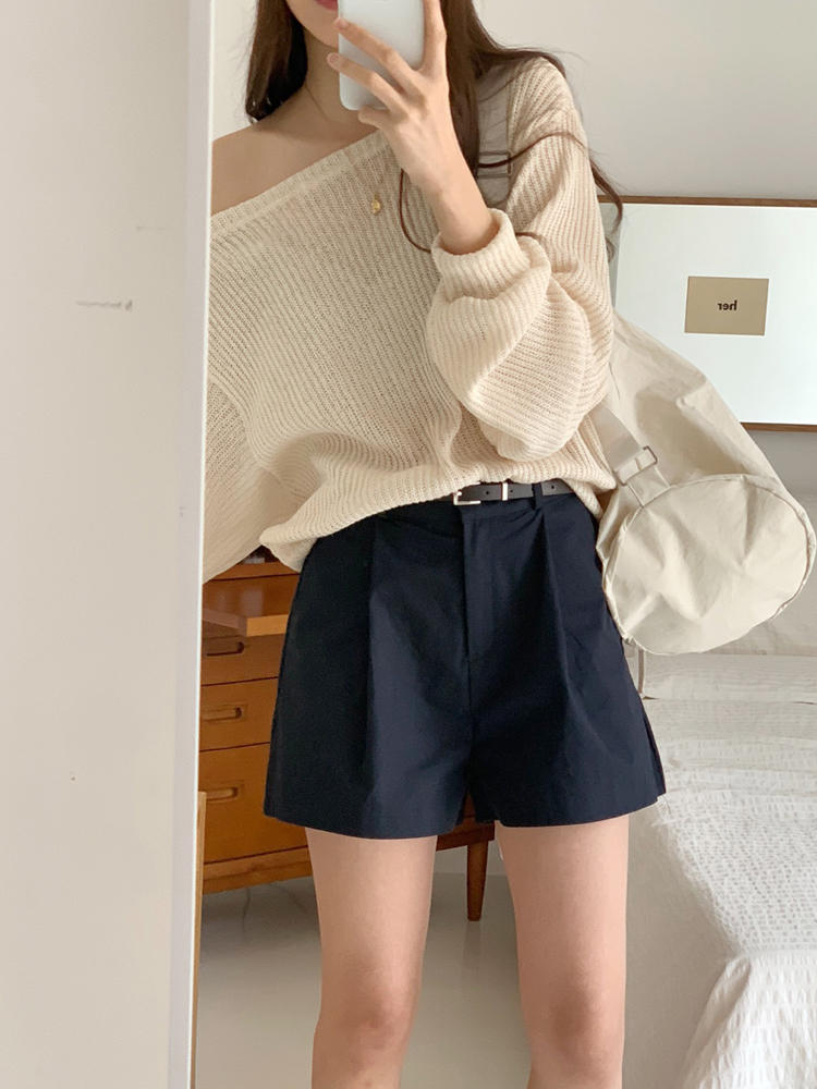 (벨트SET) 하이웨스트 핀턱 여성 반바지 면 A라인 여자 여름바지 반바지 네이비 베이지 - 상품 이미지