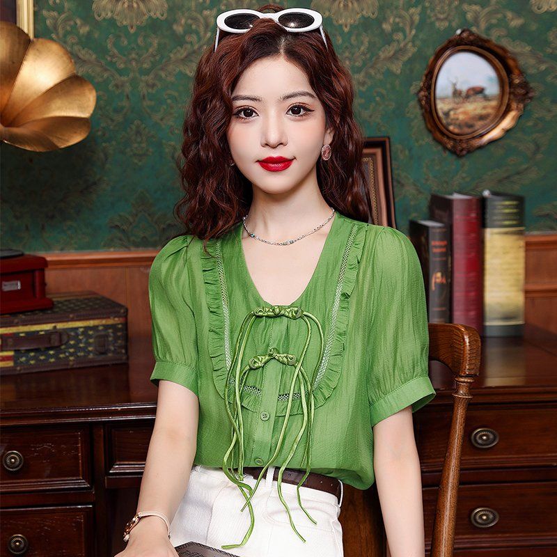 봄 여름 여성 브이넥 프릴 리본 타이 반팔 빅사이즈 블라우스 그린 - 상품 이미지