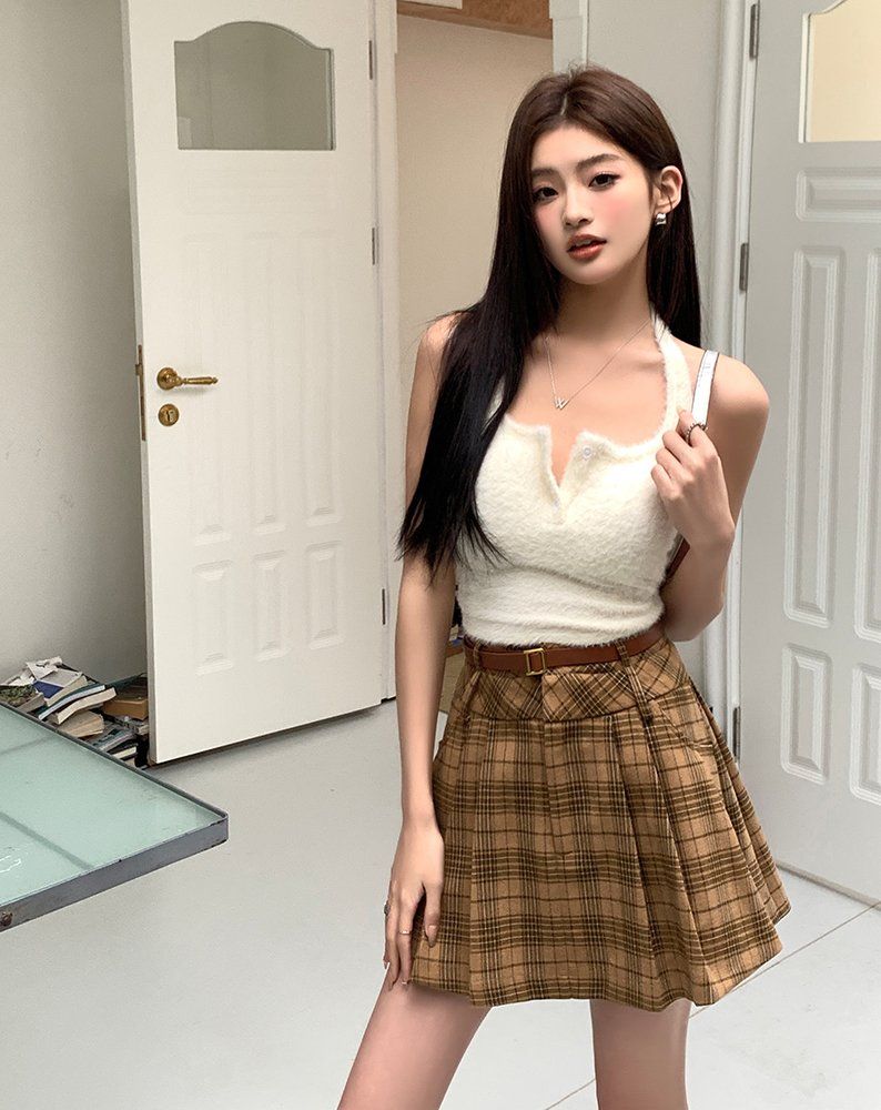봄 가을 프레피룩 체크 A라인 플리츠 벨트 세트 미니스커트 치마 브라운 - 상세 이미지 4