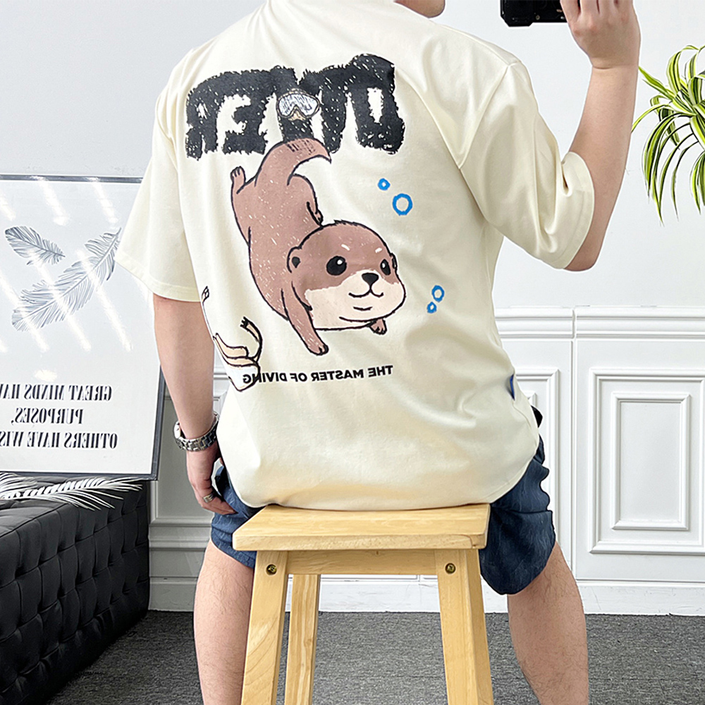 남자 오버핏 반팔 아이스 분또 크레용 다이버 수달 티셔츠