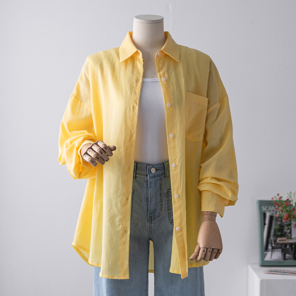 베릿 가벼운 거즈면 라벨 박스핏 아사면 썸머 긴팔 셔츠 - 상품 이미지