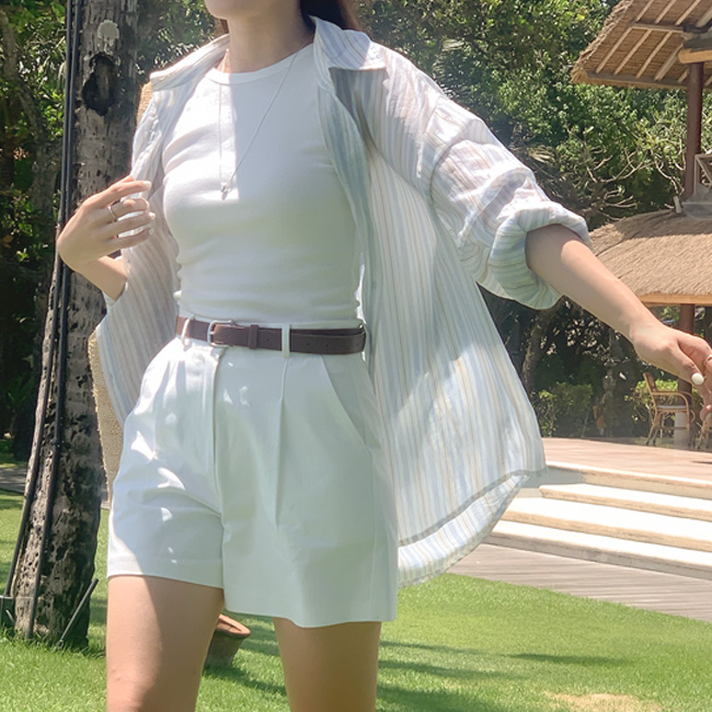 [자체제작] 장마룩 시스루 코튼 루즈핏 셔츠 / 얼리타임스트라이프셔츠 블루(멀티), FREE - 상품 이미지