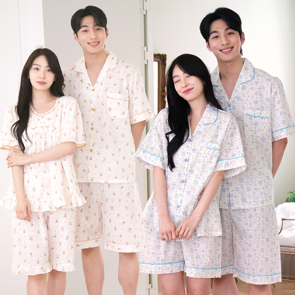커플 잠옷 여성 남자 파자마 상하세트 신혼 원피스 홈웨어 - 상세 이미지 4